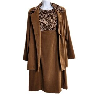 Vintage ISB 2 Piece Dress Suit Set Womens 14 Brown Faux Suede Leopard Print USA